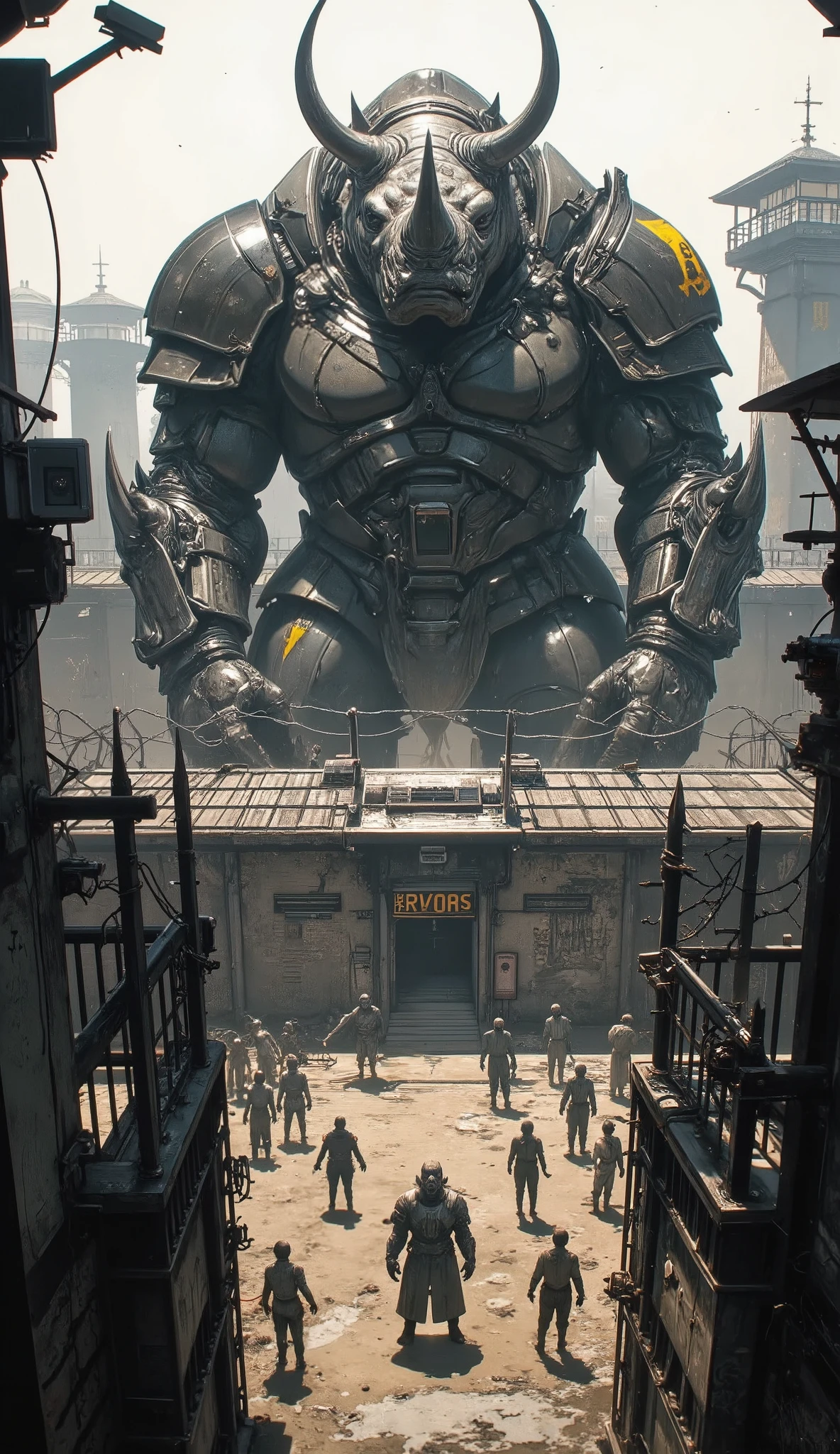Rhino Prison Guards
Photorealistic vertical image of giant rhinos in security armor guarding a human prison camp under heavy surveillance.