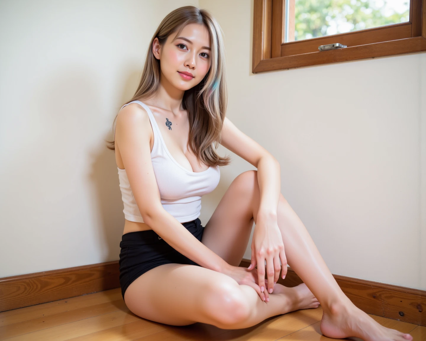 (Highest quality、(perfectionレースのブラジャー、perfectionTreturn、black、squat、Description of the whole body、M-shaped split、1.6)8k、Best image quality、Award-winning works)、1 20-year-old woman、Blonde Gal、Small Necklace、ring、small precise earrings、thin、Big Breasts、Accentuates bust line、Accurate anatomy、The look of pleasure on your face when you see me、最も自然でperfection高校の教室の背景、(Blurred Background:1.1)、(The most natural and authentic high school classroom decoration:1.1)、(最も自然でperfection机と椅子の規則的な配置:1.1)、perfectionメイク、(Ultra High Resolution Glossy, Fair skin:1.1)、Ultra-high resolution face、ultra high resolution hair、Ultra-high resolution shining eyes、Super high quality glossy lip、(Very brightly lit white skin:1.1)、Beautiful face drawn in every detail、whole photo、Spreading her legs、Pantieouth open、A look that sounds like a gasp