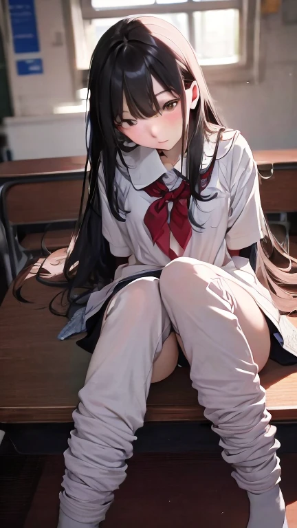 Masterpiece Top Quality High Resolution、Anna Tanaka , Long hair, Sit with your knees bent、Eight-headed body、beauty legs 、in a school、As if looking up from below、Ashamed、(((Mansuji ga Mekosji)))、((M-shaped legs))、a blond