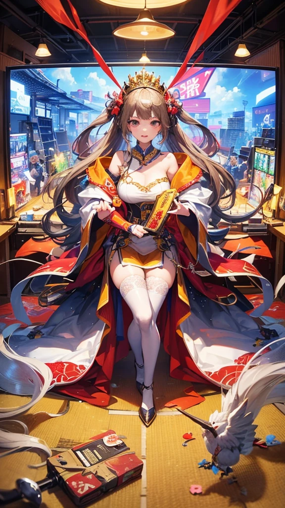 Long hair, brown hair,Bangs cover your eyes,The Office Girl,black silk stockings, standing, spaceship,from front, Chinese dress, black hair, red Chinese dress, facing viewer, looking away from viewer, big breasts, revealing clothes, yellow eyes, breasts focus, breasts close up, full body, cleavage