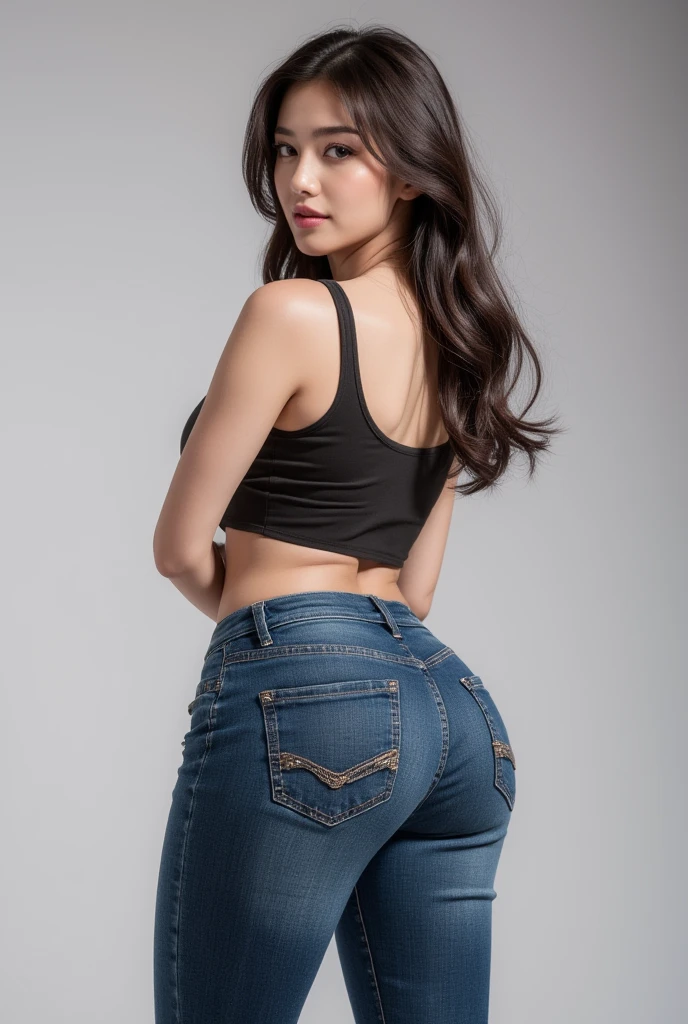 Best quality, masterpiece, ultra high res, (photorealistic:1.37), round butt, hourglass figure, raw photo, 1girl, long dark hair, beautiful blue eyes, beautiful face, detailed eyes and face, t-shirt, dynamic lighting, in the dark, deep shadow, low key, cowboy shot, hip hugger low rise jeans , crop top