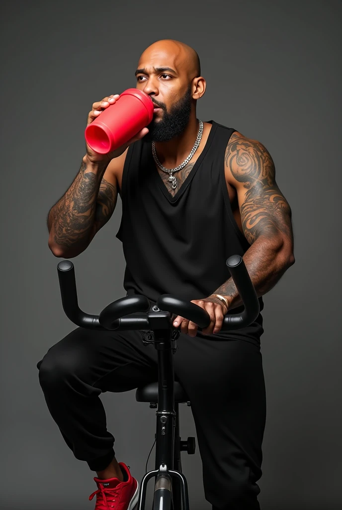 An overly muscular Jailson Mendes drinking a jug of orange juice while sitting on a rustic wooden chair 