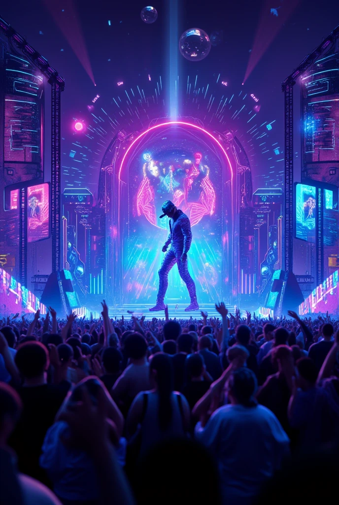 A massive music festival at night, neon lasers lighting up the sky, ecstatic crowd dancing with hands in the air, futuristic cyberpunk stage, giant hologram of Michael Jackson moonwalking in the background, cinematic lighting, dynamic atmosphere, vibrant colors, realistic style