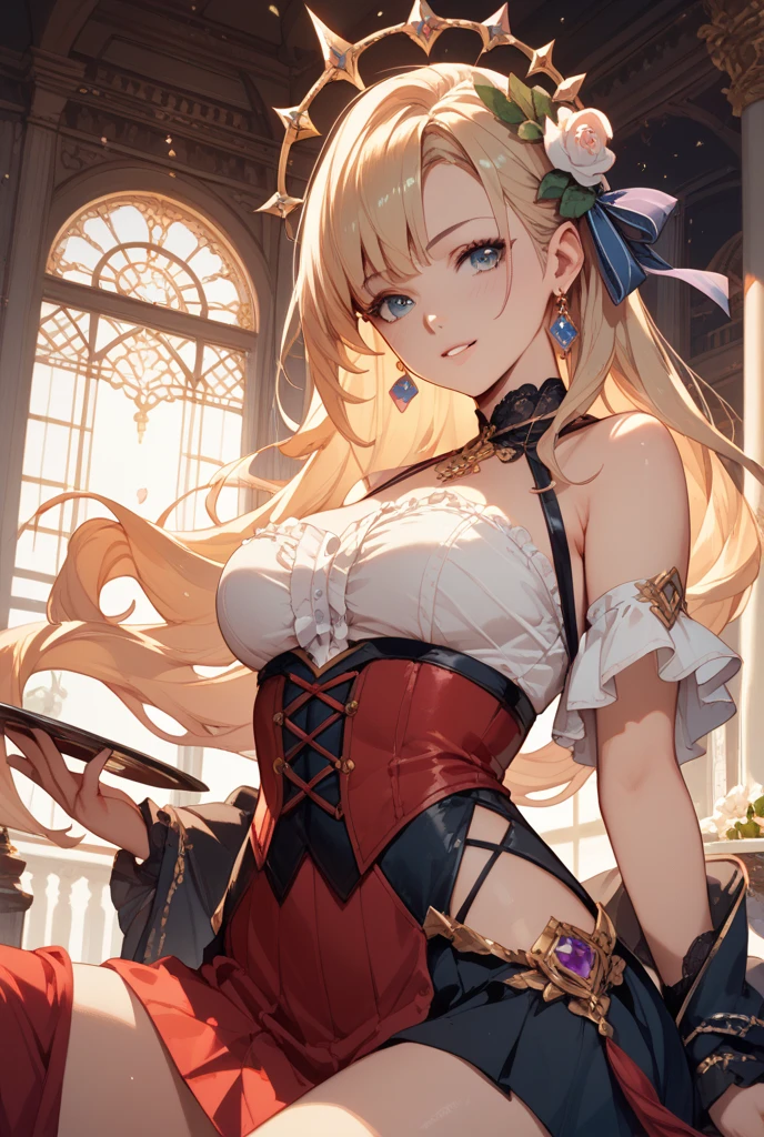 ((最high quality、8K、masterpiece:1.3)),high resolution、最high resolution、最high quality、high quality、Slender、Beautiful poopボディーライン、Beautiful poop大人の女性、huge 、Sexy Style、Accentuate your cleavage、Emphasize the chest、超detailedな、beautifully、aesthetic、Beautiful poop、masterpiece、Showing off cleavage)、garter belt、Beautiful poop女性は, (medium length yellow hair),、Cute smile, (Warm colors), Moist, Moist, Reflective plate, (Tabletop) 、(最high quality) (detailed) , (8K) (Studio Lighting) (Complex) , ((The flower arch is so fantastical and dreamy.)), Gorgeous, Fantastic fairy tale, A rich pastel color palette, Fantastic and dreamy theme, 夢のようなdetailed, Fairy tale setting:, (((A building with lots of flowers)))、Anime fantasy artwork, Anime fantasy illustration, Beautiful poopアートワークのイラスト, Beautiful poopアニメアートwork, Exquisite digital art, Complexな華やかなアニメCGIスタイル, Anime Art Nouveau Space Display, Beautiful poopアニメアート, Beautiful poopデジタル芸術作品, Beautiful poopファンタジーアニメ, detailed anime artwork, detailed Digital Anime Art, Dreamy psychedelic anime、Beautiful poop表現、Beautiful poop乳房、detailedな目、Clearly eye-catching, beautifullyて魅力的、Beautiful poop目、Tight waist、Beautiful poop白い肌、Red Crack、((Long hair decorated with flowers))、(Perfect female body:1.4)、（Sexy Underwear、garter belt、Enamel Bondage Costume)