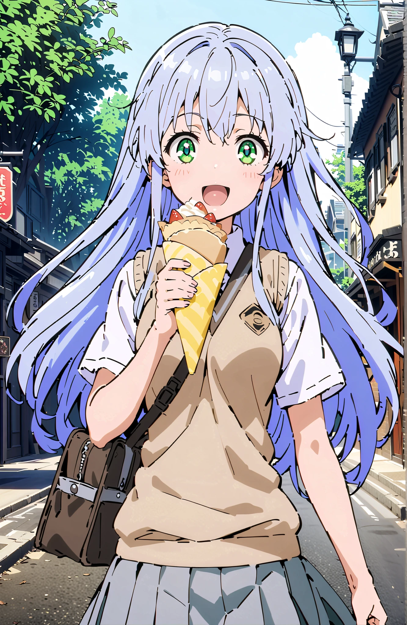 score_9, score_8_up, score_7_up, source_anime, Prohibited bibliography, green eyes,blue hair, long hair, skirt for ears, shirt, uniform, white shirt, Short sleeve, pleated skirt for ears, grey skirt for ears, sweater vest, tokiwadai uniform,white loose socks,Holding a crepe with one hand,eating crepe,smile,blush,open your mouth,loafers,school bag,walking, Beautiful Streetscapes,full bodyがIllustrationsに入るように,in their 40s outdoors, residential area,
in their 40s looking at viewer,full body,
in their 40s looking at viewer,
in their 40s (masterpiece:1.2), Highest Quality, high resolution, Unity 8k 壁紙, (Illustrations:0.8), (beautiful detailed eyes:1.6), very detailed face, perfect lighting on the table, extremely detailed CG, (perfect hand, Perfect Anatomy),