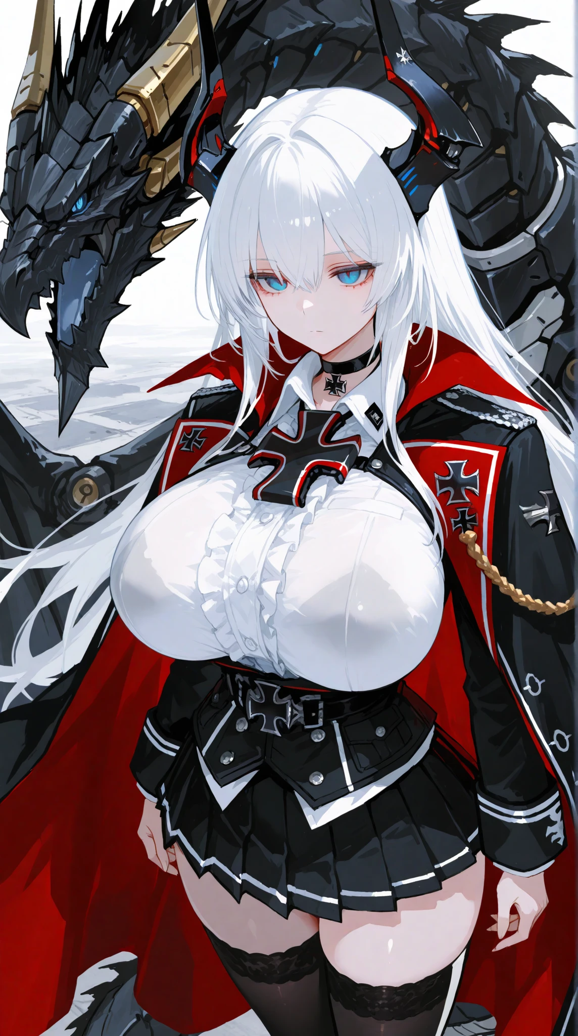 Anime girl, white hair, ((white skeleton)), red flower, ((big boobs)) , illustration, 25 year old, bone, skull, ((bust-up)), red eyes, black dress, black collar, luxurious,