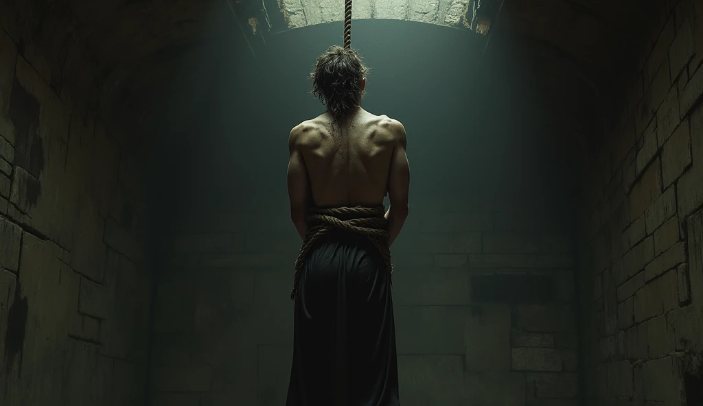 (((sinner executed by hanging, death execution, both hands tied behind his waist))), Execution chamber background, upper-body portrait, upper-body Image, real man, ((color Image)) masterpiece, best quality, high resolution