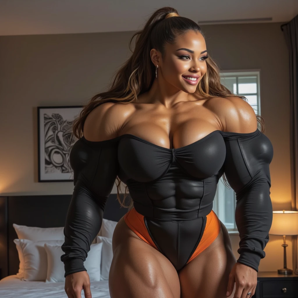 Spectacular black woman in gold bodysuit with red doing bodybuilding