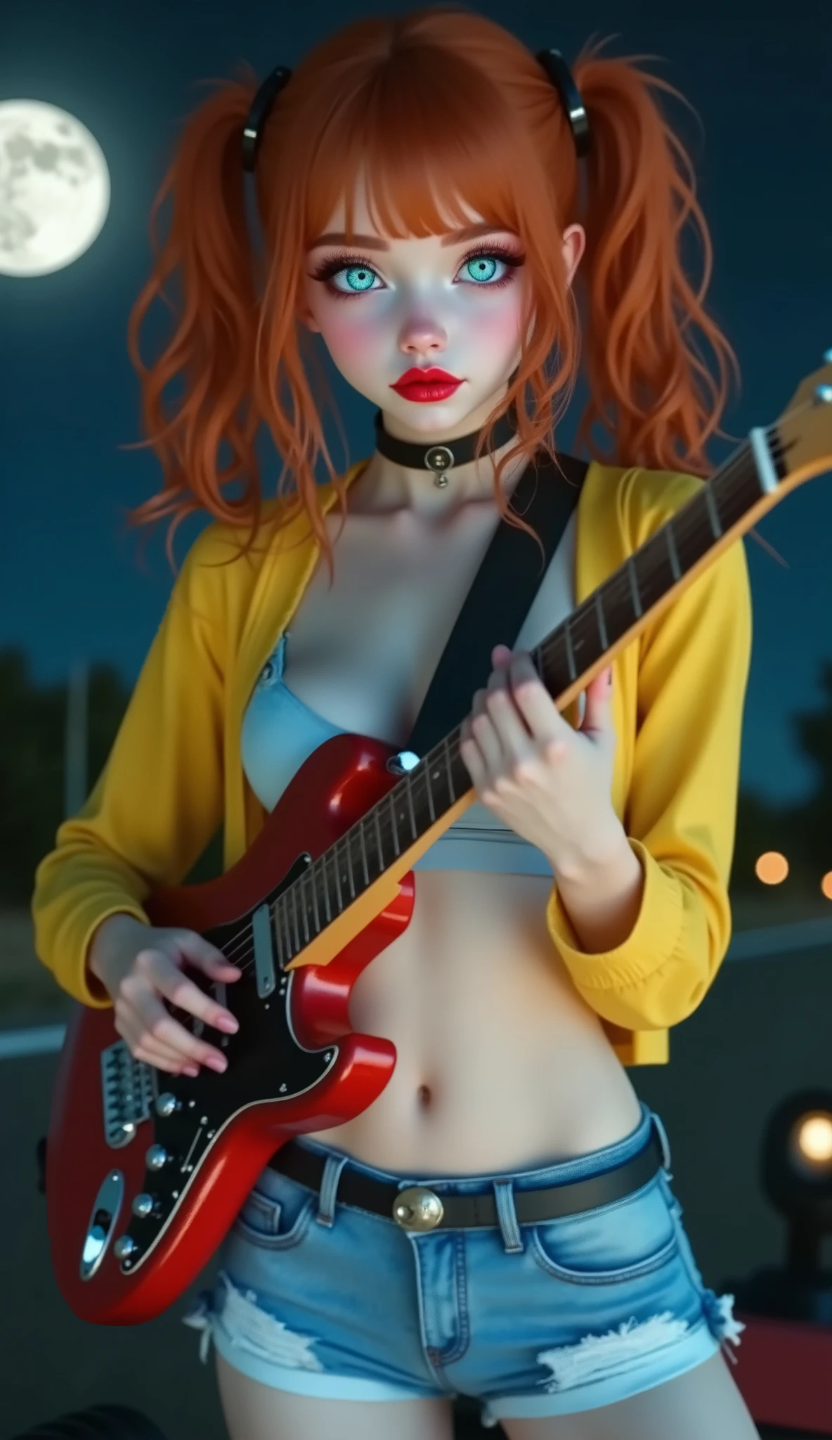 ((RAW Photo), Absurds, (Absurd Resolution)), (Masterpiece, Best Quality), ((Hyperrealism, Photorealistic)), (AI Fantasy), (masterpiece, highest quality, amazing quality), (realistic pupil, blue eyes with luminous green), (beautiful girl, 21 years old, haiz_ai, in the style of cknc, full body), (young red-haired girl, with two pigtails, curly hair, carrot color), (sky blue denim miniskirt, white skirt, open yellow chubby jacket, white underwear), ((drives a gocart playing an electric guitar)), pink sand road, night view, (background: full moon), «SunPuma S»
