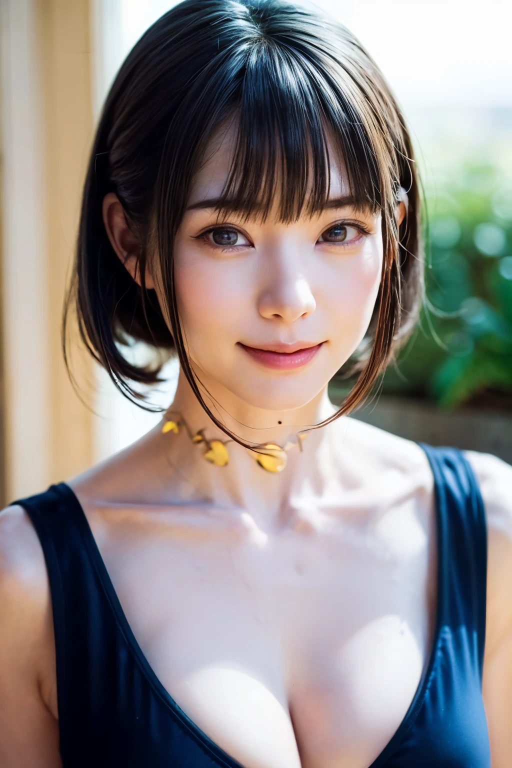 (table top, highest quality、ultra high resolution、face focus focus、focus on the sides、navel focus、decolletage focus、very attractive beauty、Adds intense highlights to the eyes、look closely at the camera:1.4、Absolutely beautiful bangs:1.4、Brunette short bob hair with bangs:1.4),1 girl, Report, black haired, realistic, looking at the viewer, pale black eyes, short hair, lips, lip gloss, Upper body、Big eyes、eyelash)、((italian natural background、hyper real stick:1.4))、((short hair with bangs:1.4、Beautiful bangs with 46 points:1.4、{Huge|big|Hugeな|mega} chest:2, cleavage:2、Big eyes、Give your students very powerful highlights、very bigger chest、look at the audience、very beautiful beauty、show me your ears、beautiful long neck、beautiful decollete、smile、A smilee beautiful teeth、Open your mouth and smilee))、28 years old、very cute super model、perfect anatomy