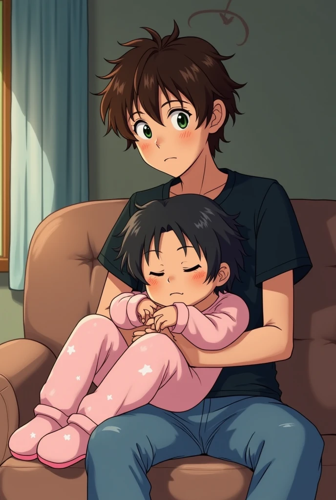 A tall, burly man is sitting on a bed with a relaxed posture. Her dark curly hair falls in loose curls over her forehead., and his short beard frames his face with an air of maturity. He is wearing a black t-shirt that fits comfortably on his body., paired with a pair of dark sneakers that complement her casual style.
Sitting on his legs, There is a man of slightly shorter stature, but not significantly smaller by hugging it. He has a slim build and a posture that reflects confidence and comfort in the situation.. Her hair is straight and medium length., falling gently around her face. Her fair skin is highlighted by a slight blush on her cheeks., showing an expression of genuine happiness. He is dressed in a dark blue nightgown, slightly loose, which is perfectly combined with a black skirt that falls gently over her thighs. Her legs are covered with white tights, adding a touch of contrast to your outfit.
The atmosphere of the room is intimate and cozy, reflecting the close connection between the two men.
**chibi anime style:** The scene is depicted in a chibi style., which means the characters have adorable proportions, but in this case, not so exaggeratedly small. The tallest man maintains his robust presence, although its head is slightly larger in proportion to the body, with large, bright eyes that reflect a protective and serene expression. The other man, although just a little lower, He also has big eyes that convey joy and a slight shyness., accompanied by a blush that spreads across her cheeks. The details of their outfits and hair are simplified., maintaining the essence and cartoonish style but without losing the essence of its real proportions. The bed and the