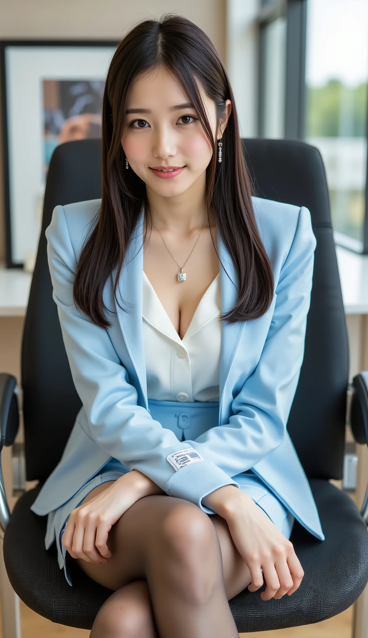 masterpiece、超High resolution、She is very cute and young like an idol..々A cute 18-year-old businesswoman、Gentle and cute、A kind smile、A business jacket that shows off cleavage、Medium Bust、Business Mini Skirt、Working in a building office　Sitting in a chair　((whole body))、RAW Photos、Genuine、High resolution、live-action