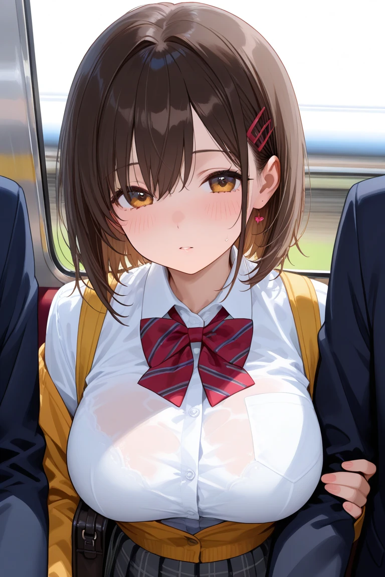 (((pixel perfect, detail perfect))), alone, 1 girl, Misaka Mikoto, tokiwadai , bow, looking at the viewer, crossed arms, closed mouth, Upper body、(Breast Exposure、Nipple exposure、Tuck up your clothes)、((小さいおっぱい、小さい胸))