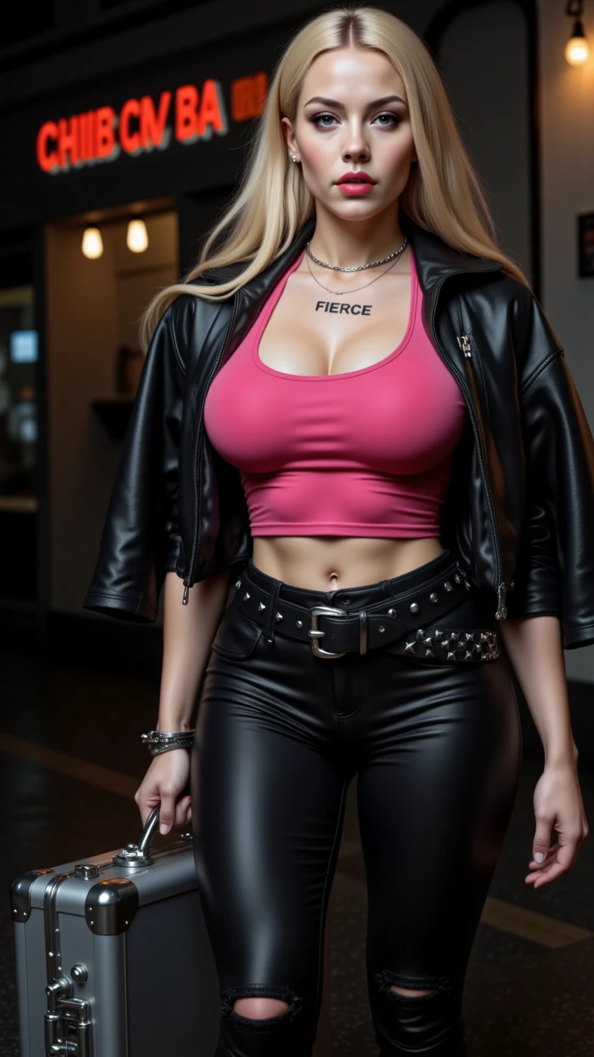 Alisha Lehmann sexy, She is wearing an open BEIGE jacket covering her breasts and BEIGE CARGO PANTS. she has big breasts