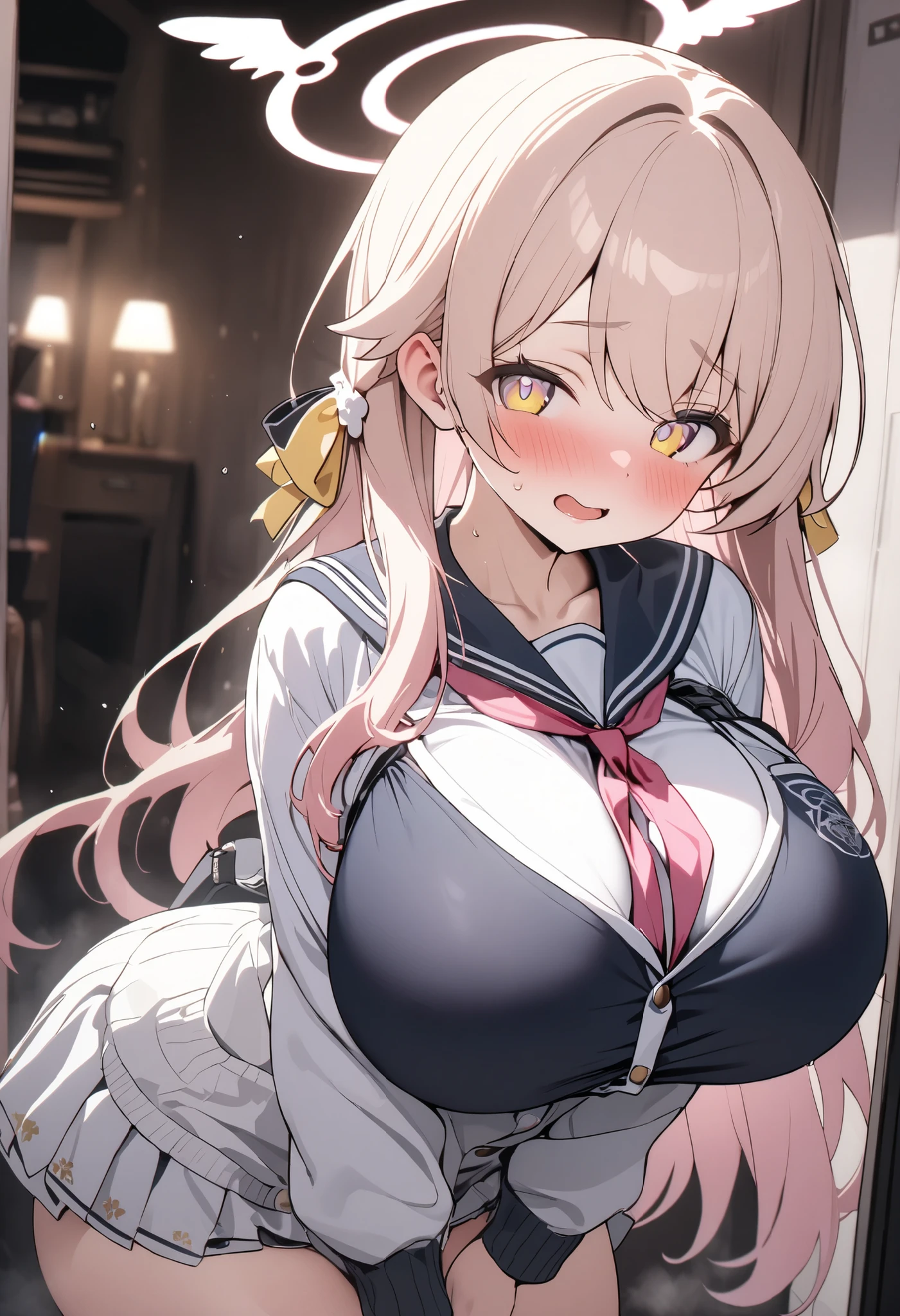 (masterpiece:1.2、Highest quality、masterpiece)、1 female、alone、classroom、Day、stand、blonde、ponytail、blue eyes、(Sailor suit:1.4)、(Dark Skin:1.4)、Big Breasts、pantyhose、corset、Earrings、lipstick、weaty、Scrunchie、choker、blush、(Put your hands inside your tights:1.4)、(Ahegao:1.2)、(tongue:1.2)