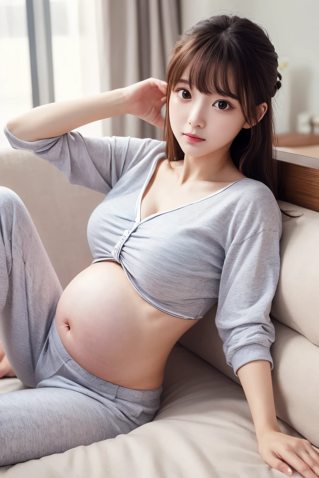 Highly detailed CG Unity 8k wallpaper, top quality, super detailed, masterpiece, realistic, photo realistic, very detailed cute girl, 25 years old, round eyes, viewer, semi body shot, hands on belly, pregnant woman, casual dress, sitting, room, evening, have flowers