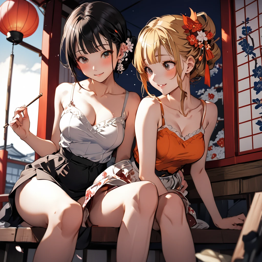 ((2girl : 1.8)), high-definition images, ((anatomically complete:1.2)), accurate legs, atmospheric perspective, 8k, super detail, accurate, best quality, two shot, two women, ((kimono girl :1.6)), different color clothes, ((show off nipples:1.9)), ((show off pussy:1.5)), ((spread pussy:1.5)), open mouth, open legs, (ecstasy face), (drooping eyes, blush sleepy), slut, (showing off her areola), masturbation, outdoor, in Kyoto town, ((crouching on grass), sitting line up, cute face, accurate arms, 8K, masterpiece, perfect legs, perfect hands, perfect arms, perfect body, (different hair style:1.3), (different face:1.3), ((hair up)), 1girl is black hair and another girl is blonde hair, natural pause, balanced body, skirt lift, ((no extra legs)), no extra hands, no long neck, natural, 2 legs, 2 hands, ((open clothes:1.5)), ((two girls lined up)), Both of them have their clothes open, ((large breasts)), female public hair, Both of them have their clothes open, one small pussy, natural skin, ((looking at viewer)), from below, accurate fingers,