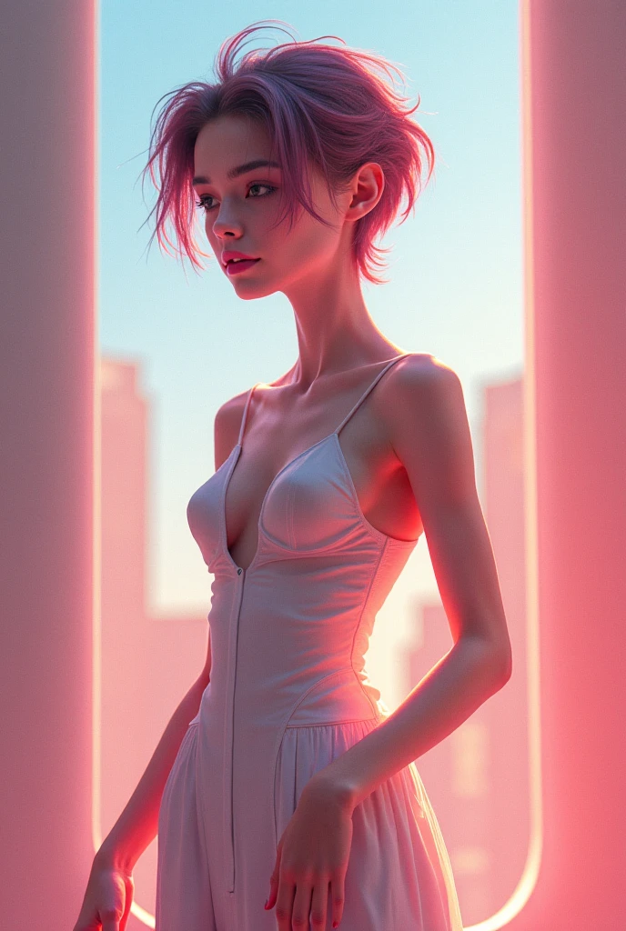 girl in a short skirt, one, волосы Twin-Tail, hair color red black, 3D wallpaper in high quality, neon space in the background, front view.