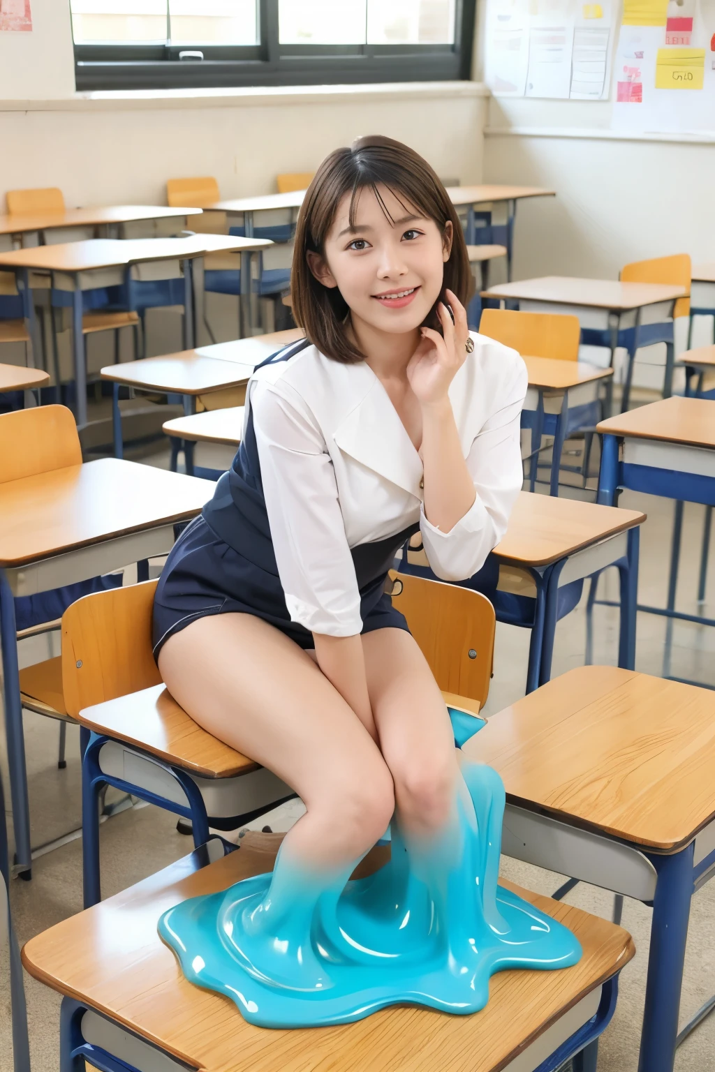 high school girl in sailor suit with short side hair、Crack、 in the classroom、Slime Transformers、 lift the skirt with both hands、underwear、long legs、sitting at table