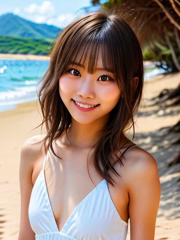 masterpiece,best quality,(Japanese ),((Beautiful girl)),cleavage,(perfect body beauty:1.2),(shy smile),beautiful teeth,(straw hat),(seaside),