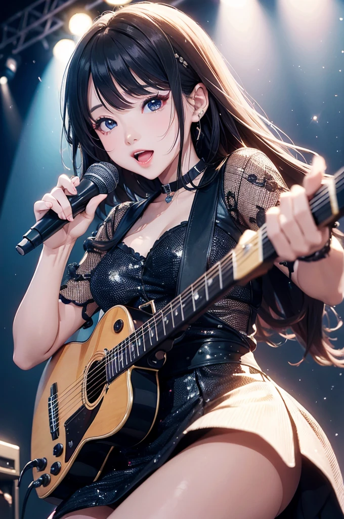 1girl,solo,cute,bigbreast,cleavage,she is playing the guitar,on the stage,spotlight