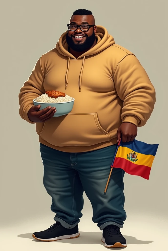 Un homme africain teint sombre gros petit tout zinzin avec le drapeau Camerounais derrière lui