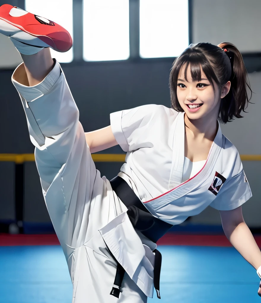 (Highest Quality、、 ultra high resolution 、masterpiece)、Clear Photo、(photorealistic:1.6)、Professional Writing、smile、(very cute woman 、karate選手、idol class、18 years old、52 kg class)、 shiny skin、almond eye、(Big Breasts、and I can see my cleavage)、( karate、I'm wearing a white uniform、Black Belt、Japanese Representative)、( karate道場、During the game、kick:1.6、high kick:1.6)、( tatami)、(Perfect Anatomy、 charming)