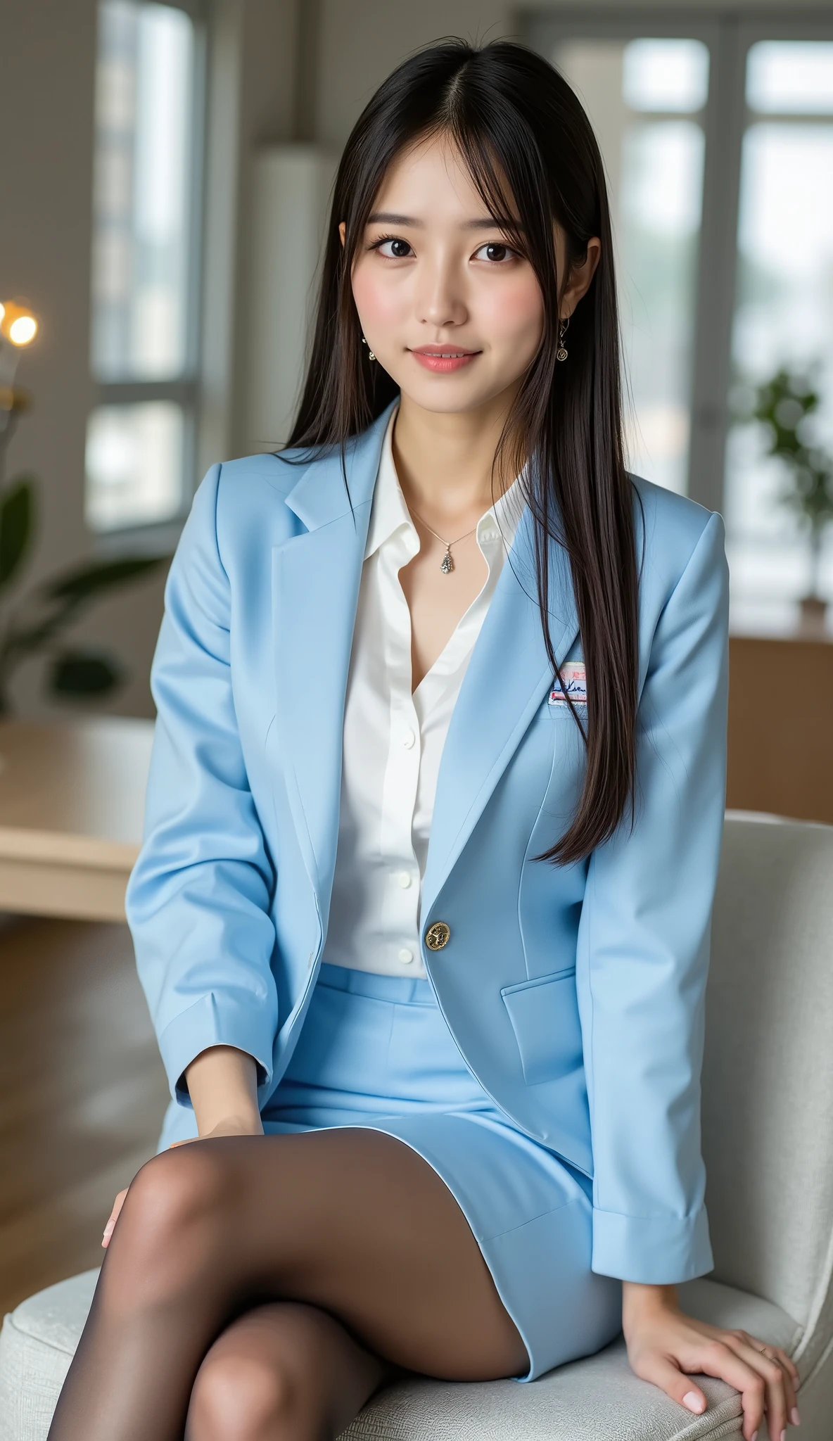 ulzzang -6500-v1.1, (Raw photo:1.2), (Photorealsitic), Beautiful detailed, Famous popular actresses、 (Real: 1.4), extremely detailed eye and face, beatiful detailed eyes, ((Late Night Office:1.2)), ((Women's Suits:1.3, super realistic pantyhose:1.2))、selfee、Instagram、harsh trial、game_nffsw, Sitting in a chair、huge filesize, hight resolution, ighly detailed, top-quality, [​masterpiece:1.6], illustratio, ighly detailed, nffsw, finely detail, top-quality, 8k wallpaper, Cinematographic lighting, 1 milf, 42 year old, perfect body type, Beautiful big drooping eyes、Pieckfinger, ((masutepiece)), Best Quality, 1 milf, eye shadow,  high-heels、Portrait, ((FULL BODYSHOT:1.4))、(Very affectionate smile:1.2)、realistic skin textures、shinny skin、turned around、Exposed thighs!!!