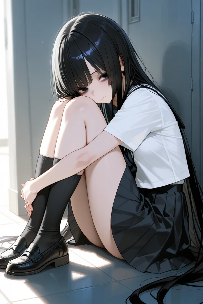 A 16-year-old high school girl with long black hair and wearing a school uniform is squatting down with tears streaming down her face.