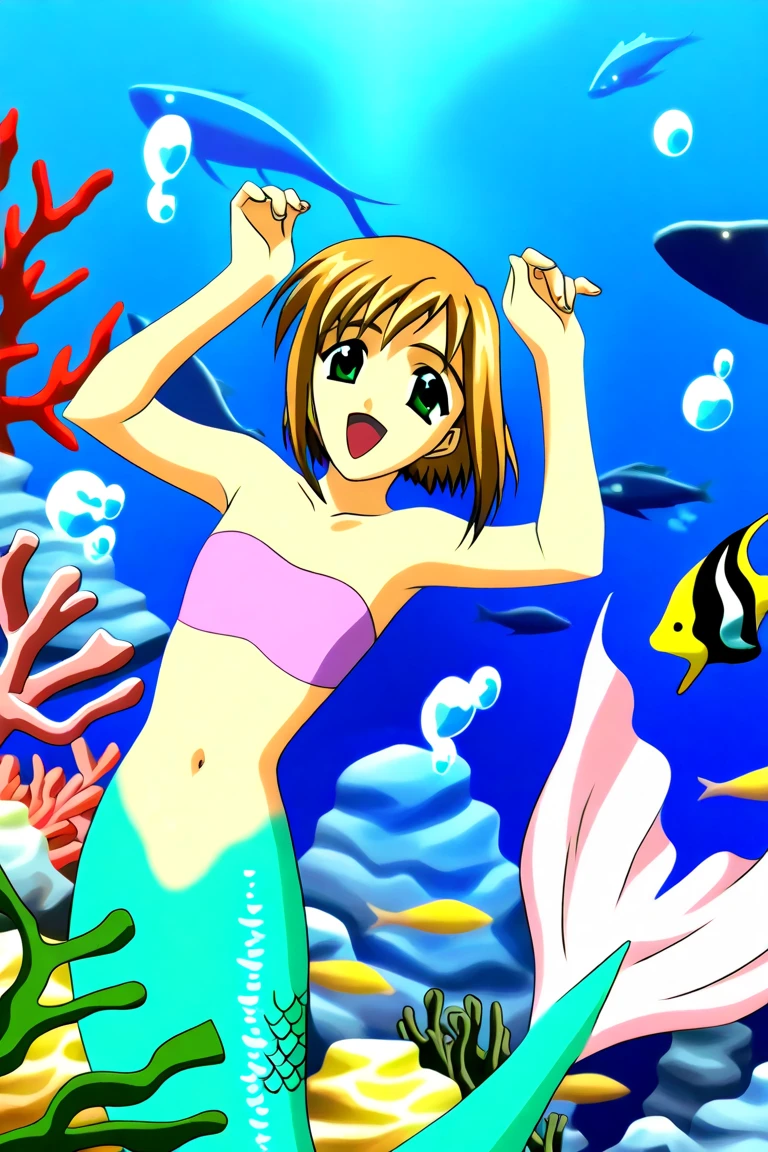1girl, white dress, :D, (underwater, coral reef), fish, bubbles, cinematic, god rays, volumetric lighting, 2d, (anime), detailed, illustration, intricate