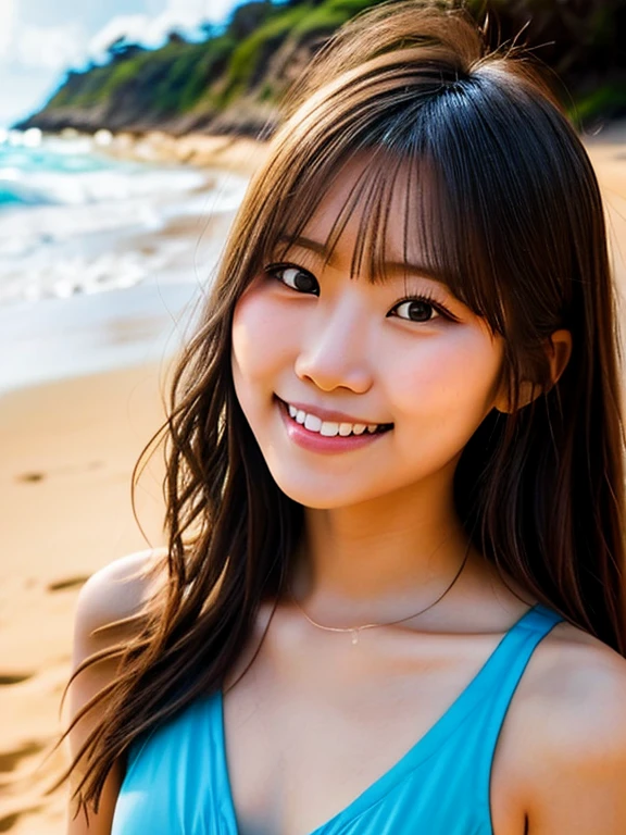 , 8K, (Surrealistic: 1.35), (realistic: 1.4), 1 Beautiful Japan Girls, smile, One, light makeup, masterpiece, excellent quality, high quality, puberty, (((Super Micro Bikini)))、 ((perfect body)), ((best image quality)), ((time)), ((very delicate and beautiful)), ((Very shallow depth of field)), nffsw, ((incredibly shallow depth of field. familiar with)), (((very delicate and beautiful))), (((Very shallow depth of field))), nffsw, (((incredibly absurd))), (((perfect body))), (((dye hair blonde )))), (((long hair)))), (((Camera Eye))), (((small))), (((幸せな最高のsmile))), poor, Own + background, dynamic angle, female focus, {particles of light}, detailed background, ((paul hedley)), soft lighting, (dramatic) sunset), sunset, very beautiful sunset, live action, realistic, top angle, かわいいsmile, (background blur), 18-year-old, skinny, ((strong wind)), ((movement ))), ((emotion)), ((colorful)), ((baby face)), ((beautiful teeth)), Withering, ocean background、