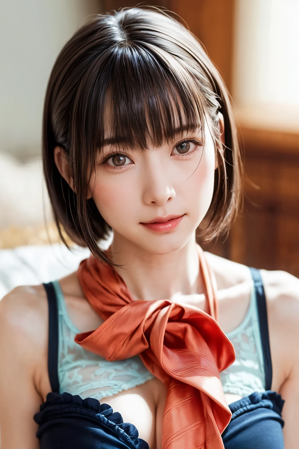 One Girl、cute, (Beautiful girl, Delicate girl:1.3), smile、blush cheeks、Cute swimsuit top and bottom、
break, Very fine grain definition, (Symmetrical eyes:1.3),
break, (Bedroom:1.3), (On all fours, Crawling posture:1.3), (Shooting from directly below, Downward:1.3), perfectly trimmed fingers,
break, Small breasts, Brown eyes, Parted bangs, Brown Hair,
break, (Eyes and facial details:1.0),
break, (masterpiece, highest quality, Super detailed, Detailed face, 8k)