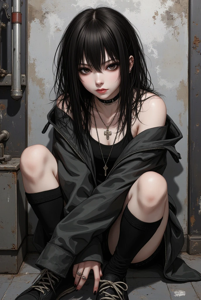 goth girl,1girl,((extremely cute and beautiful black haired anime goth girl)),(((16 years old))),(large breasts:1.2),((((black wavy hair:1.35,absurdly long unkempt hair,messy hair,colored inner hair,ear breathing)))),((heterochromia:1.5, (purple_eye and red_eye))),intricate eyes,beautiful detailed eyes,symmetrical eyes,Big eyes:1.5,((fat)),(((lustrous skin:1.5,bright skin: 1.5,skin tanned,shiny skin,very shiny skin,shiny body,plastic glitter skin,exaggerated shiny skin,illuminated skin))),(spider lower abdomen,narrow waist,wide hip,athletic body,inflated legs,detailed body,(detailed face)),

cute,slutty,seductive,erotic,(nsfw),

revealing clothing,show skin,((((printed T-shirt:1.3),black leather crop jacket:1.3))),((black leather pants,)),((underpants strap)),((underboob:1.2)),(((Black Eyeshadow,Thick Black Eyeliner,Long Dramatic Eyelashes,Black Lips,Goth Accessories,intricate makeup))),(((intricate outfit,intricate clothes,embroidered outfit,ornate outfit,embroidered clothes,ornate clothes))),

(dynamic pose:1.0),embarrassed,(centered,scale to fit dimensions,Rule of thirds),

((snowy pine forest at night)), with dark stormy clouds,winter,scenery:1.25,((snow forest background)),Christmas tree,

highres,sharp focus,(ultra detailed,extremely detailed),(photorealistic artwork:1.37),(extremely detailed CG unity 8k wallpaper),(((vibrant colors,vibrant theme))),(intricate),(masterpiece),(best quality),