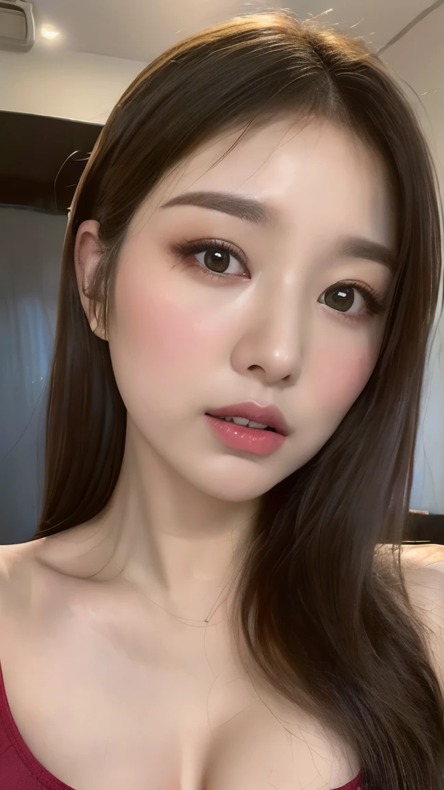 ((night view,Realistic light,best quality,8k,masterpiece:1.3)),1 girl,Beautiful woman with plump body:1.4,(black hair,medium breasts:1.3),white shirt:1.3,sofa,Super detailed face,delicate eyes,Double eyelid 8k picture quality,Chinese beautiful woman,face close-up,Good facial features,gray background,reality,skin texture,pores,Skin texture,gentle,Natural eyebrows,big eyes