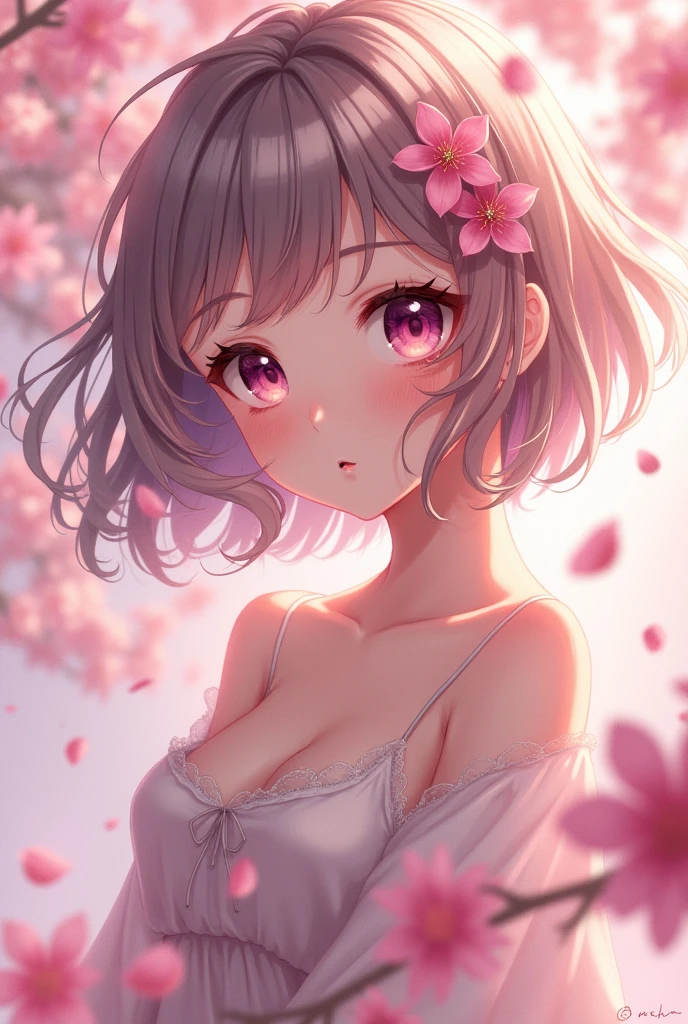 (Masterpiece, BestQuality:1.3), (ultra detailed:1.2), (hyperrealistic:1.3), (RAW photo:1.2), High detail RAW color photo, professional photograph, (Photorealistic:1.4), (realistic:1.4), (Pink Hair:1.5), professional lighting, perfect anatomy, (Big Breasts:1.2), (blush, detailed face), (A happy smile:1.7), sexly, erotic sexly, Random sexy gravure poses, (Beautiful woman in pink lace lingerie、Heart Shaped Pendant、The background is a flower field、Posing with a happy smile。:1.3)