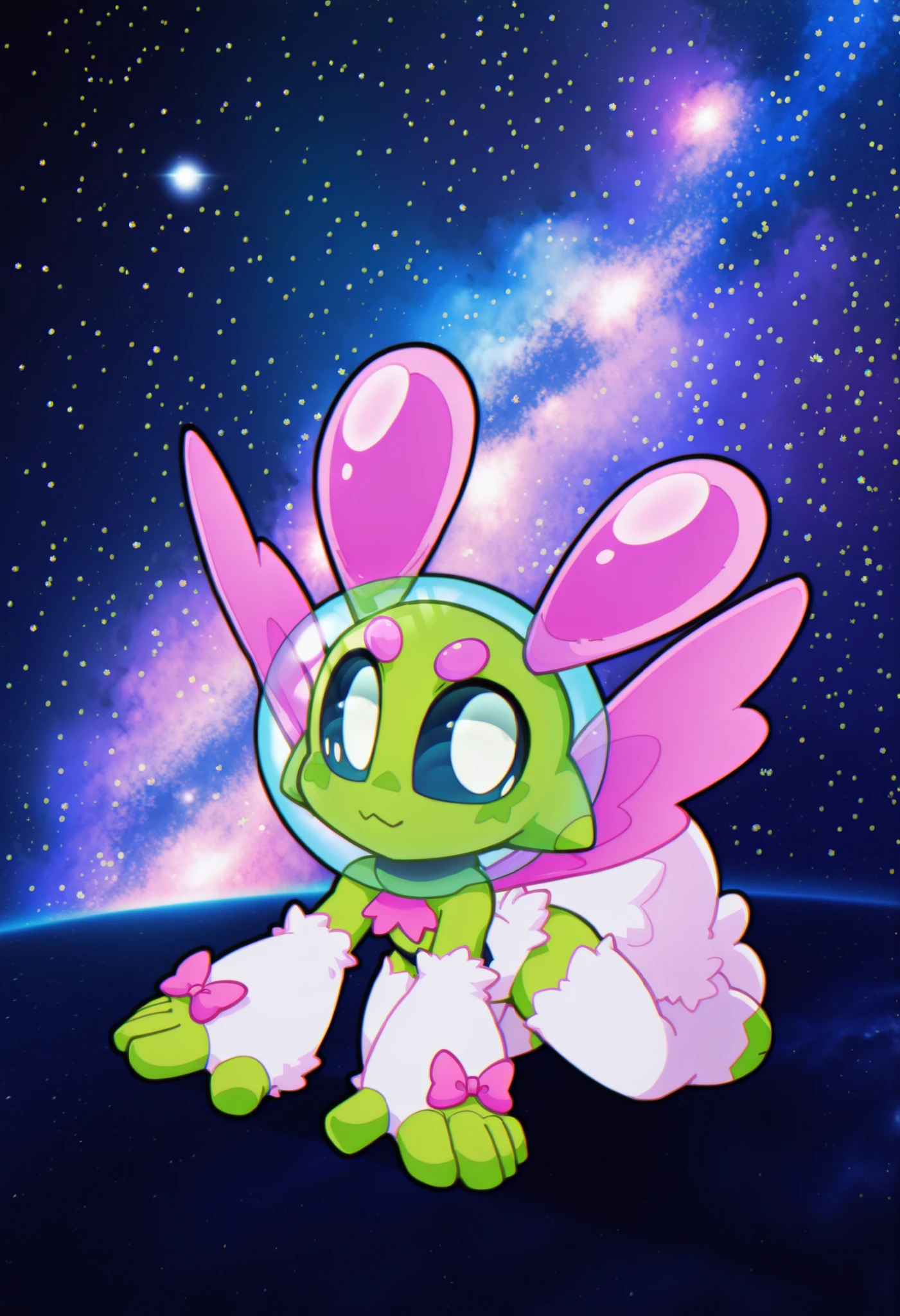 Dynamic angle, sploot,1girl,colored_sclera,white eyes,alien,antennae, space, nebula, Mafu-vkstickrs, chibi, fluffy fur with soft pink and white colors, blue eyes, blue lashes, pink ribbon bow, pink wings, small flower decorations in the fur