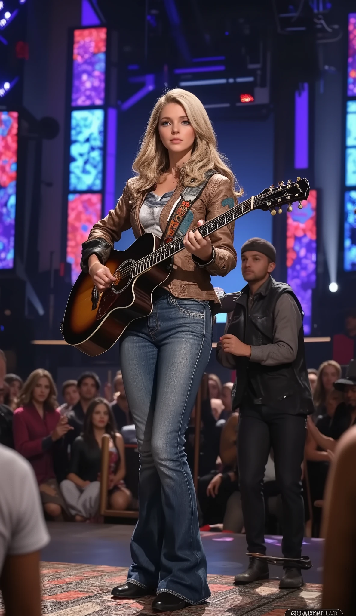 CMA FEST, presented by the Country Music Association in Nashville, Viera woman performing country music on stage, denim shirt, cowboy leather jacket, blue jeans, cowboy boots, acoustic guitar, singing to the audience