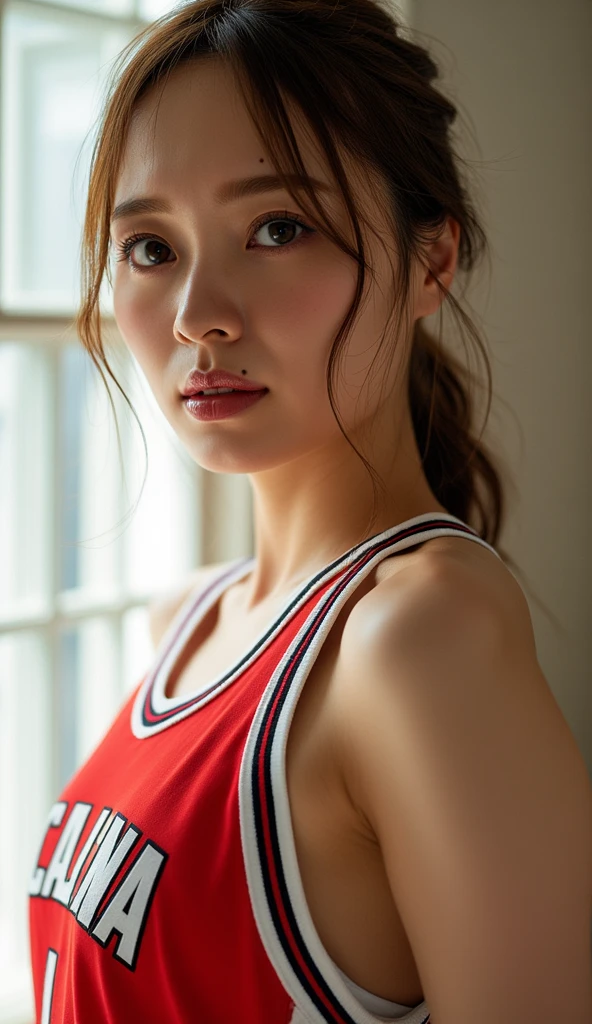 Bicheng University student,tmasterpiece,light make-up,Redlip,red hair clothing,Long messy hair,Pure background,Big breasts are beautiful,ellegance。Super fine detail,tmasterpiece,The texture is real,Movie lighting is very realistic,Perfect work,8K,k hd,exquisite facial features,Mai Shiranui,huge breasts, studio photoshot,noble, White skin,having fun