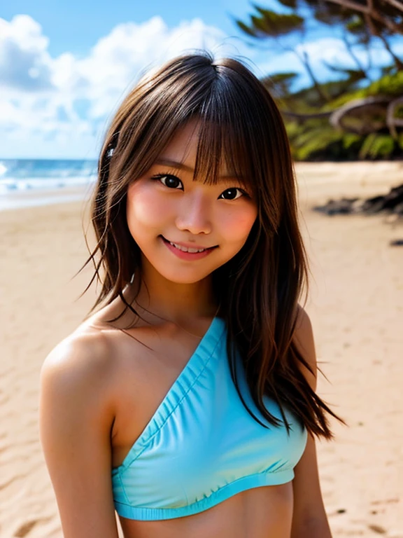 table top, highest quality, figure, super detailed, finely, High resolution, 8k wallpaper, 完璧なダイナミックな構figure, Cute Beautiful Girl、、teen girl、、pat shoulders、beautiful and fine eyes,small face、neat girl、Slender、Red bandeau bikini, natural color lip,beach, cute pose, brown hair、bob cut、bangs bangs、flowing bangs,beautiful big breasts,cleavage,Slender body type、 smile,wet body,Wet chest, wet hair