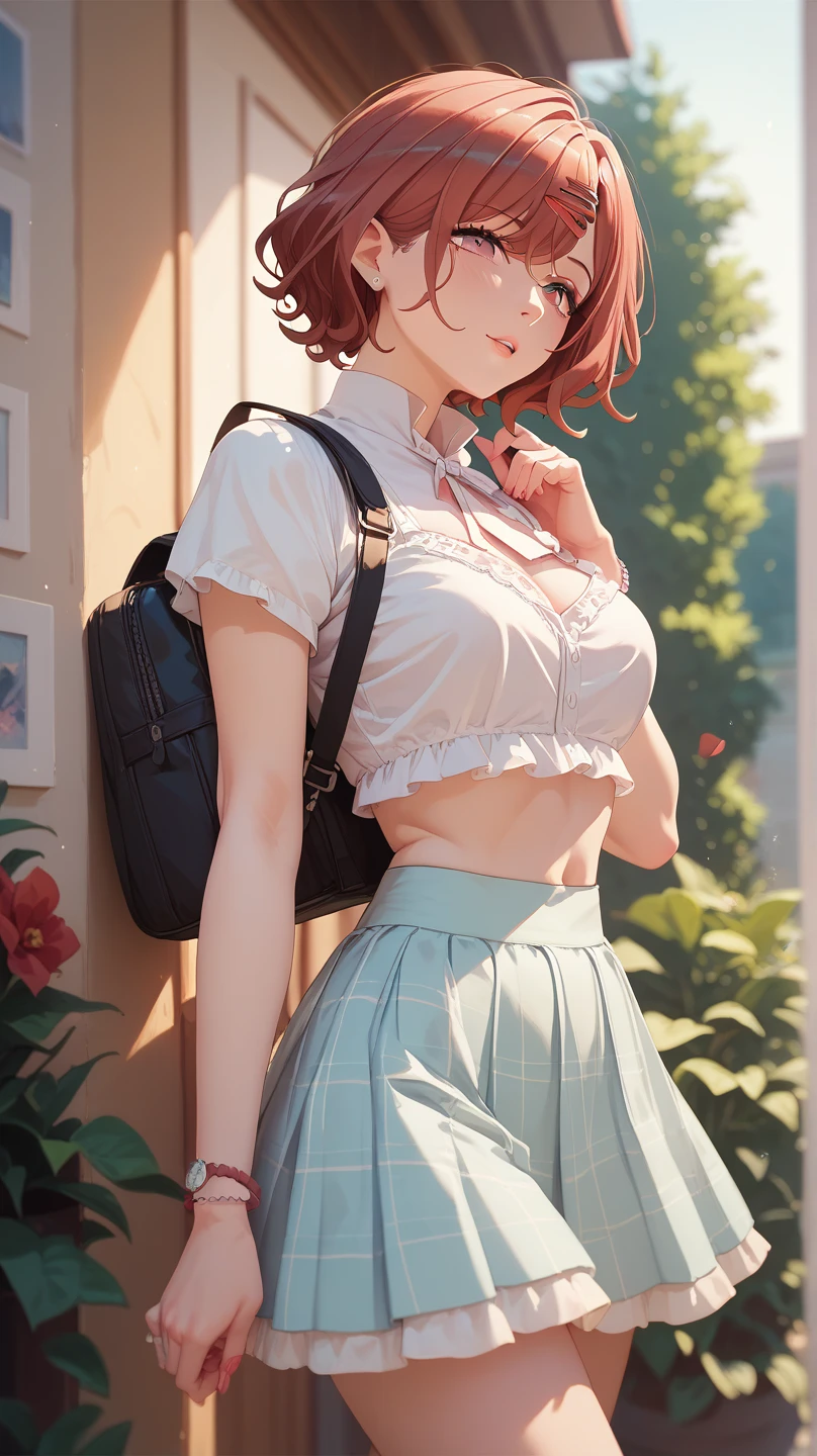 1girl, solo, highly detailed, best quality, illustration, game cg, perfect anatomy, beautiful cute face girl, redhead, short hair beautiful detailed eyes, choker, school field, standing, natural lighting, white shirt, pleated skirt, thigh highs, fox ears, (fox tail:1.2), glossy lips, large breasts, aichan, collarbone