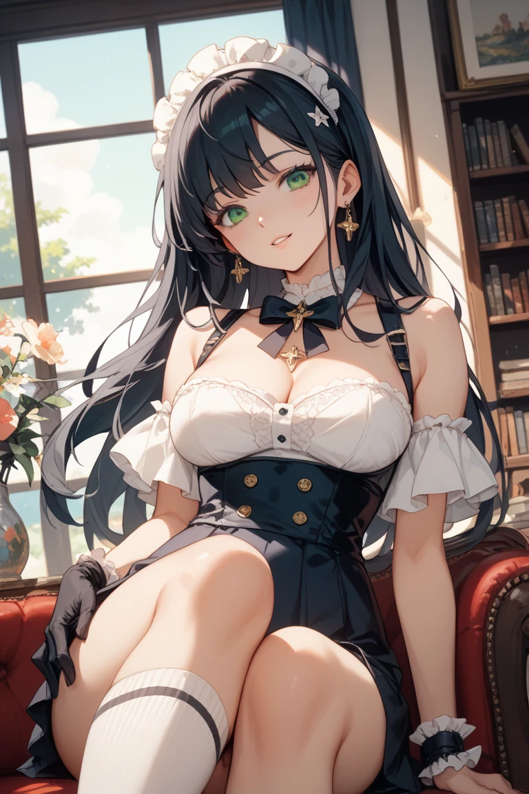 Howard Chandler Christy, photorealistic, highly detailed, ray traced, rendered, Masterpiece, extremely detailed, young pretty woman, black hair, green eyes, maid dress, fishnet tights, bare breasts, puffy nipple, small breasts, sexual suggestive, breasts hugging, sitting on sofa, full body