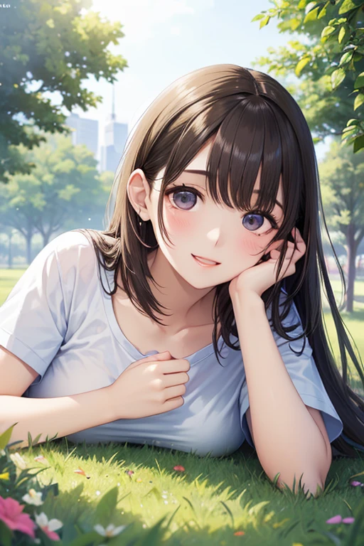 woman,long hair,brown hair,blue eyes,Lie on your back and look at the sky in a field of flowers.,detailed face,Detailed background
