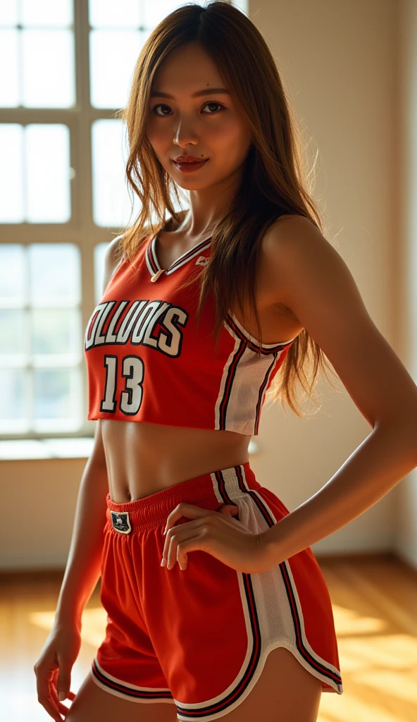 realistically, high resolution, soft light, fair, Tempting, Sexy, White Americans, 18 years old, Tall and thin, Wearing USC volleyball uniform, sport actions, ((3/4body)) , in the gym, face camera, 8K, masterpiece, masterpiece,