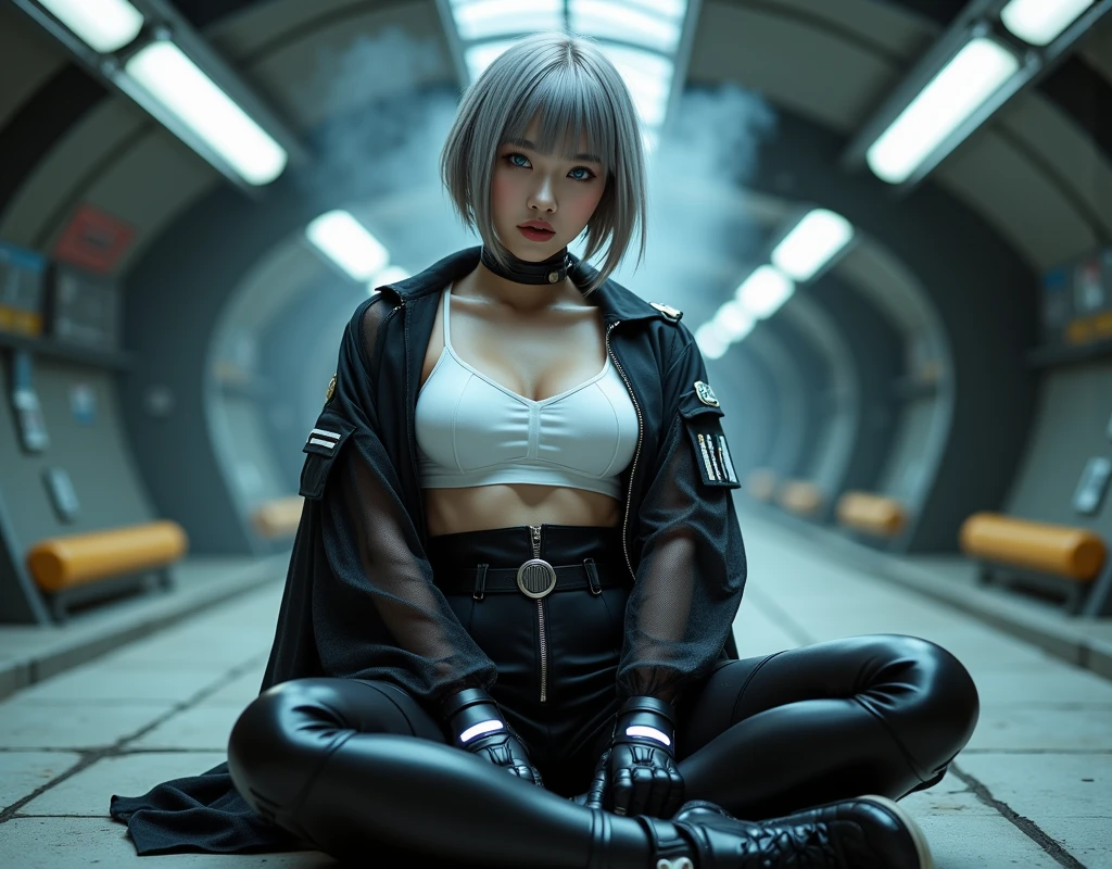 nsfw, masterpiece, Best Quality, hyper Realistic, A mysterious and sophisticated beautiful young gravure Japanese woman with blue eyes wears futuristic and sexy fashion art. sitting focus breasts,, from below, Detailed clothing butt, woman is climbing at a wide angle, with her full body in frame. large Butt, sexy large breasts, slim waist, Cyber punk taste fashion, Her outfit includes BLACK over sized Surface hoodie sweat, nothing shorts, adding a minimalist beauty. She accessorizes with futuristic accessories and technical sneakers. Her demeanor exudes harmony and striking simplicity, accentuating her curves and digging sensuously into her skin, hyper small head and face, wide and big Duck mouth, half open mouth, perfectly aligned teeth, perfect beautiful wide teeth, Detailed eyes, light blue eyes, half open eyes, shiny Droopy eyes, gray hair, looking other, She is situated within the interior of a futuristic colony, with mist drifting and steam rising from concrete