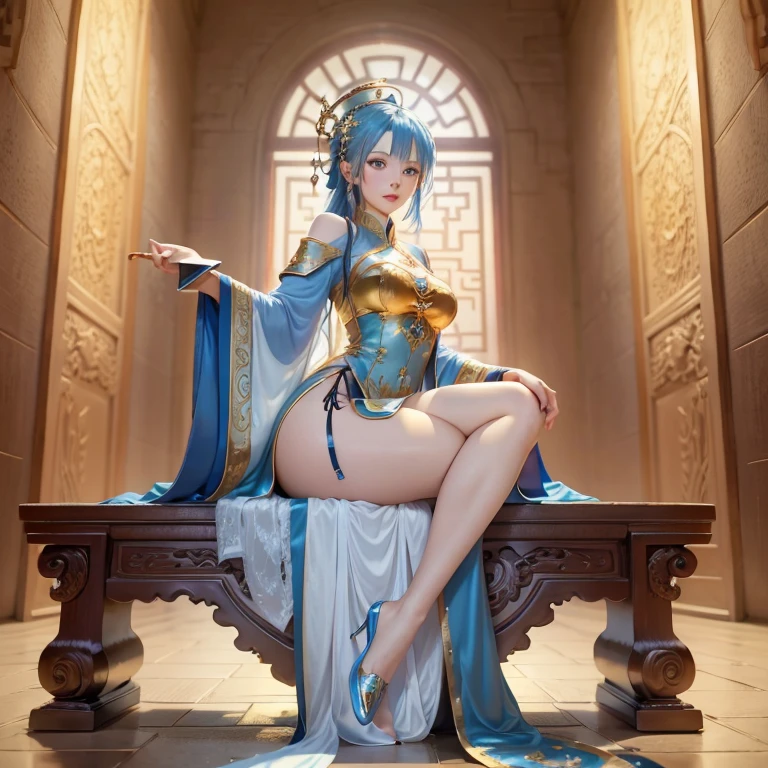 ((8K, masterpiece, best quality, ultra detailed, photoreal)), HDR, lens flare, particles, chinese gorgeous royal style, in a palace, 1 princess on a throne, full body, composition close to her, (perfect anatomy), spread legs, lift up skirt, show off panty, tight short cheongsam, (detailed smooth legs skin, detailed (colored tiny) panty, detailed kawaii face), detailed hair, large breasts, many large presence accessaries, stiletto heel, tiara, hair ornaments, earrings, bracelets, anklets, trinkets, smoky makeup, eyeshadow, heavy makeup,
