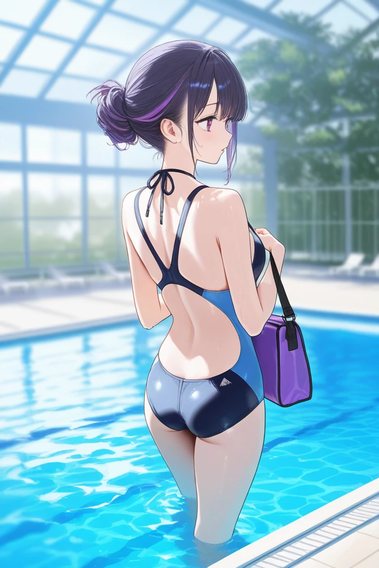 Girl farts in swimming pool, body underwater, standing underwater, butt submerged underwater, fart bubbles from butt, wearing swimsuit, underwater, asian girl, short hair, stomach bloated, hands hugging stomach, pained expression, embarrassed, tears in eyes, blushing, beautiful and cute face, ponytail hair, anime art style