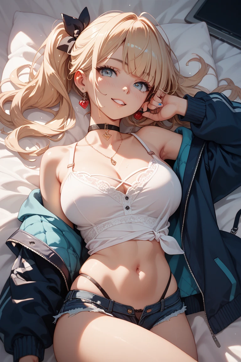 Best Quality,High resolution,8K,finelity detailed background,Masterpiece:1.2),beautiful girl,Shiny khaki hair,crossed bangs,khaki eyes,Gentle look,A refreshing look,smile,Best quality,Best Quality,Aesthetic and aesthetic:1.2,Best details((Super detailed))(High-definition CG illustrations),Upper Body,Dark grey underwear,Slender body,night,moon,Bedroom,On the bed,smile,blush,cute,Scrounge,Looking up,Being spoiled,super model,wariza,shoot from,below