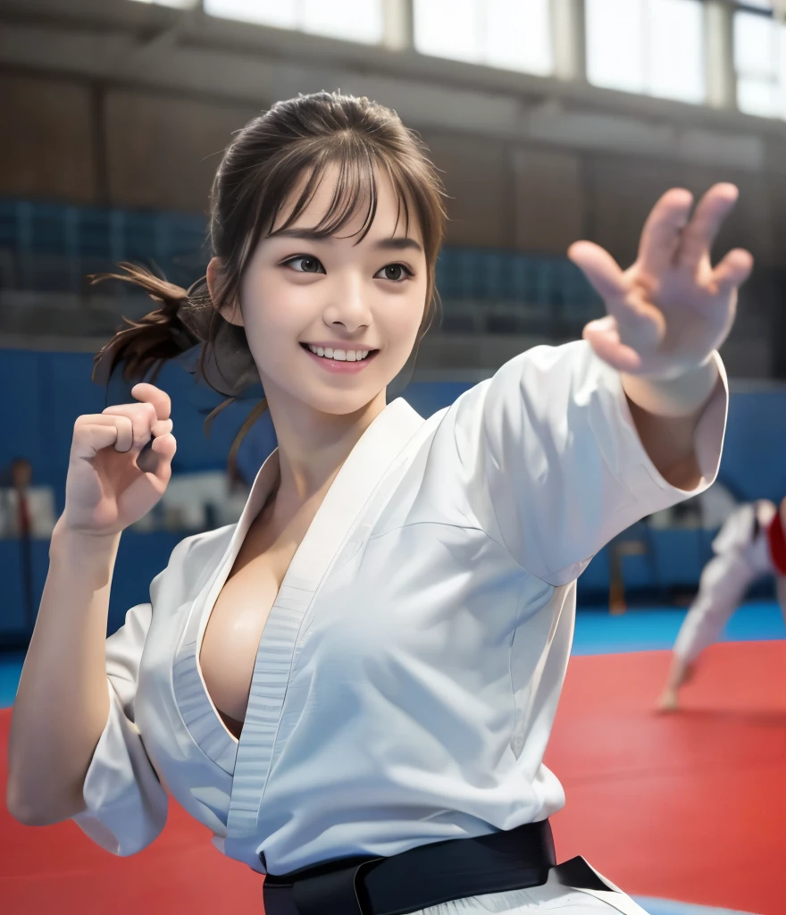 (Highest Quality、、 ultra high resolution 、masterpiece)、Clear Photo、(photorealistic:1.6)、Professional Writing、smile、(very cute woman 、karate選手、idol class、18 years old、52 kg class)、 shiny skin、almond eye、(Big Breasts、and I can see my cleavage)、(barefoot)、( karate、I'm wearing a white uniform、Black Belt、Japanese Representative)、( karate道場、During the game、kick:1.6、high kick:1.6)、( tatami)、(Perfect Anatomy、 charming)