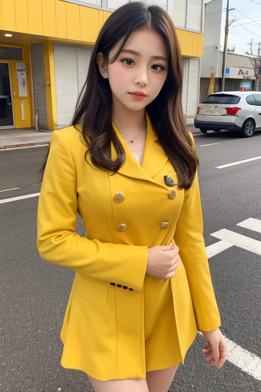 HWGIRL,masterpiece,ultra realistic,32k,extremely detailed CG unity 8k wallpaper, best quality,(spring day ),lady ,necklace ,eardrop, The Pyramids of Giza, Egypt, ( yellow Wearing a statement coat ) , Ash Blonde hair High ponytail ,,<lora:Hwgirl_V019:0.9>,