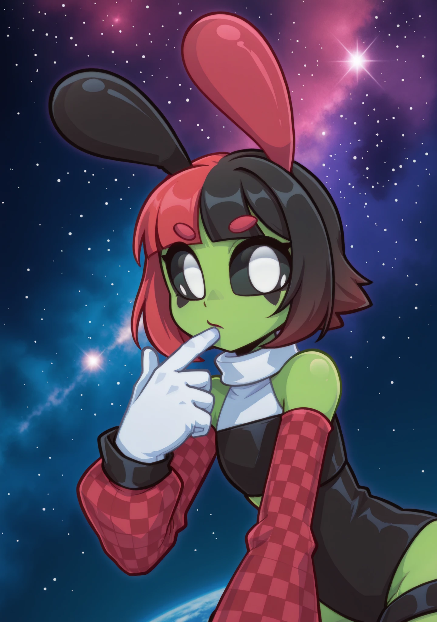 Dynamic angle, sploot,1girl,colored_sclera,white eyes,alien,antennae, space, nebula, Maf, two tone hair, red hair, black hair, black outfit, white gloves, white collar, red sleeves, featuring a checkered sleeve, white collar